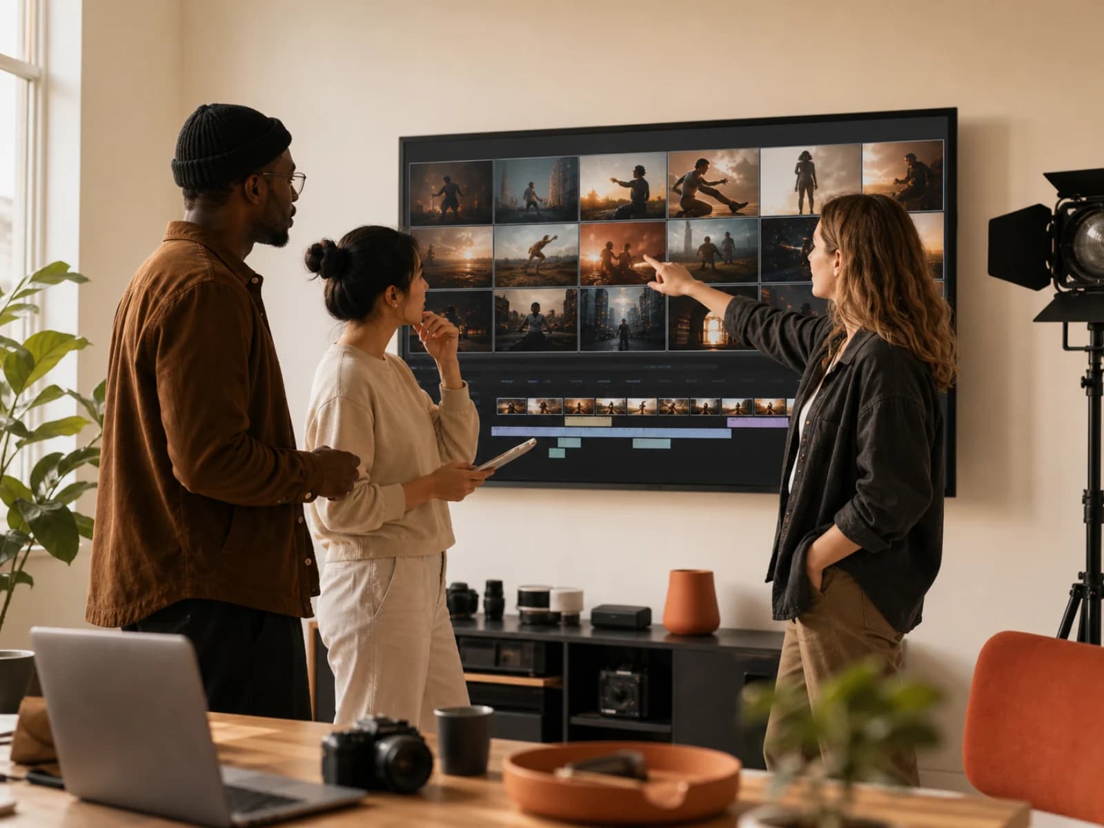 Creators reviewing AI-generated image drafts in a bright studio